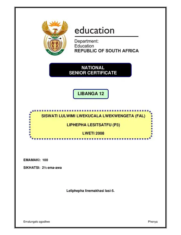 Grade 12 Siswati past paper 2008 – Siswati FAL P3 gr12