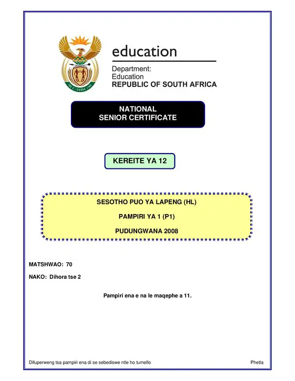 Grade 12 Sesotho past paper 2008 – Sesotho HL P1 gr12