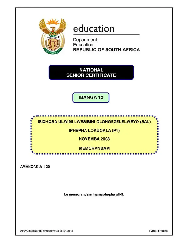 Grade 12 isiXhosa past paper 2008 – IsXhosa SAL P1 (Gauteng) memo gr12
