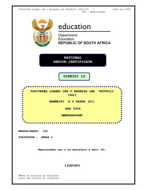 Grade 12 Tshivenda past paper 2008 – TshiVenda SAL P1 (Limpopo) memo gr12