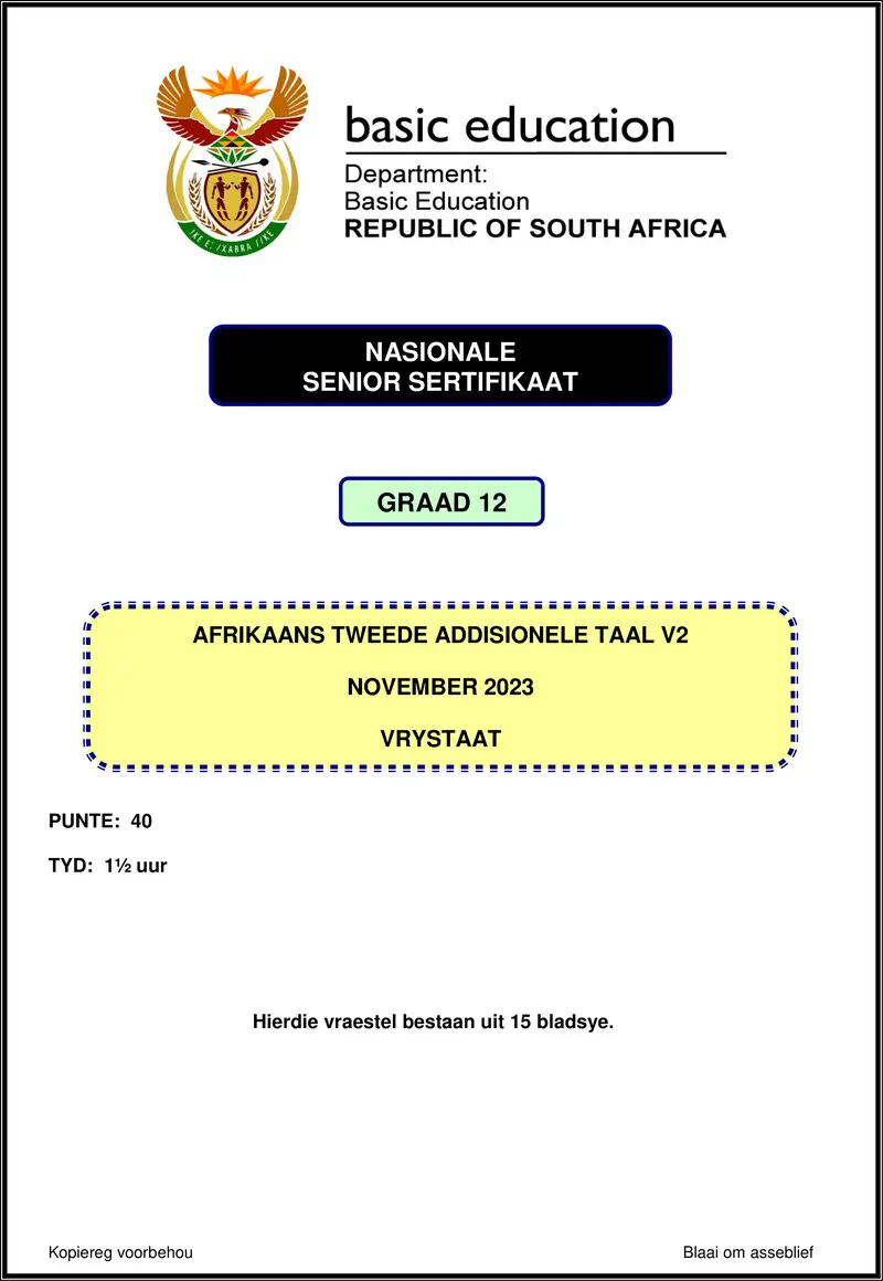 Grade 12 Afrikaans past paper 2023 – afrikaans sal p2 nov 2023 free state gr12