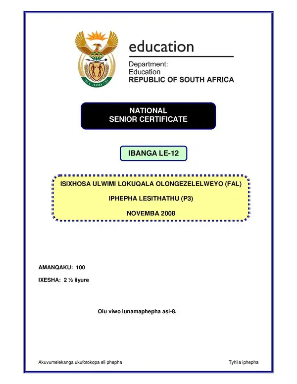Grade 12 isiXhosa past paper 2008 – IsXhosa FAL P3 gr12