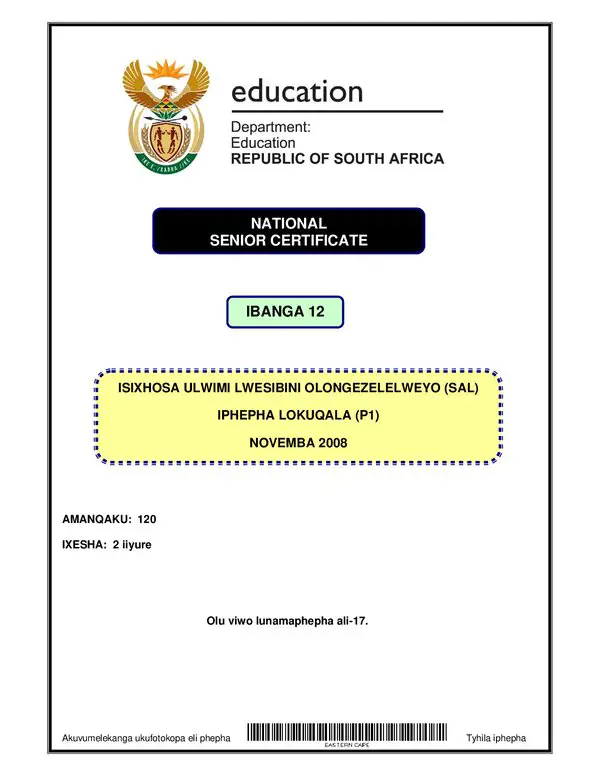 Grade 12 isiXhosa past paper 2007 – IsXhosa SAL P1 (Eastern Cape) gr12