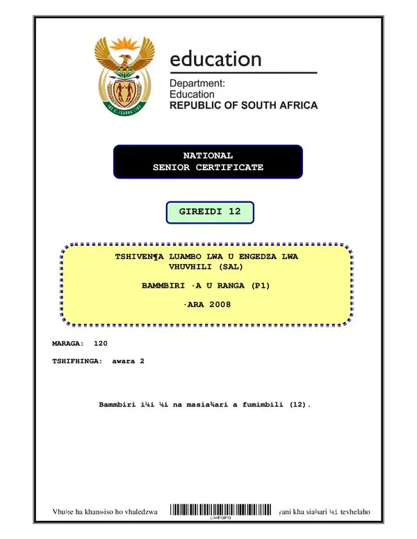 Grade 12 Tshivenda past paper 2008 – TshiVenda SAL P1 (Limpopo) gr12
