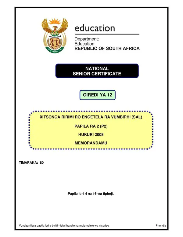Grade 12 Xitsonga past paper 2008 – Xitsonga SAL P2 rubic gr12
