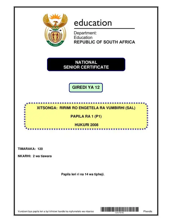 Grade 12 Xitsonga past paper 2008 – Xitsonga SAL P1 (Gauteng) gr12