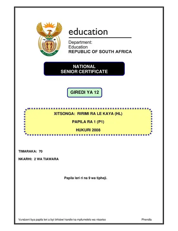 Grade 12 Xitsonga past paper 1993 – Xitsonga HL P1 gr12