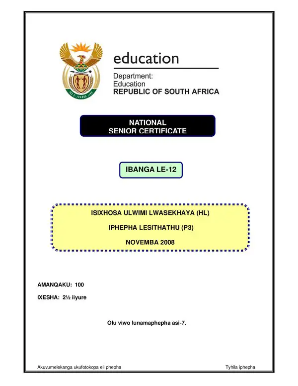 Grade 11 isiXhosa past paper 2007 – IsXhosa HL P3 gr12