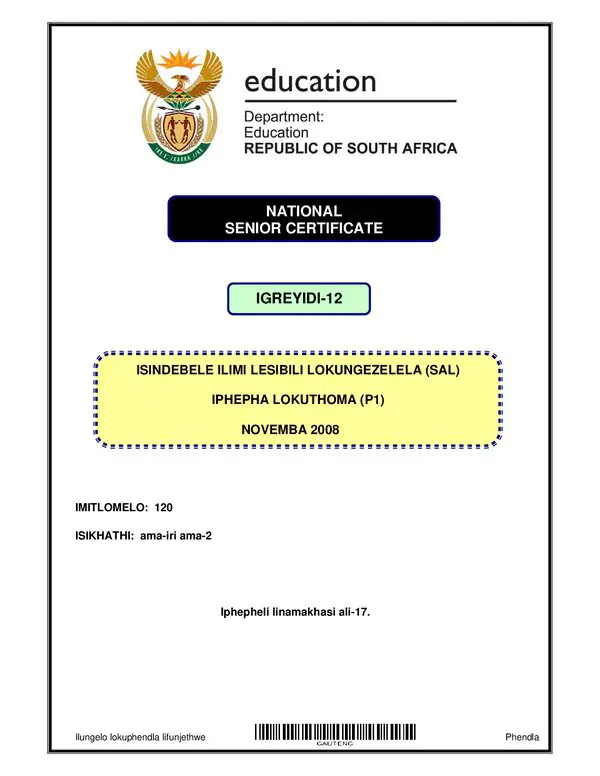 Grade 12 isiNdebele past paper 2008 – Isindebele SAL P1 (Gauteng) gr12