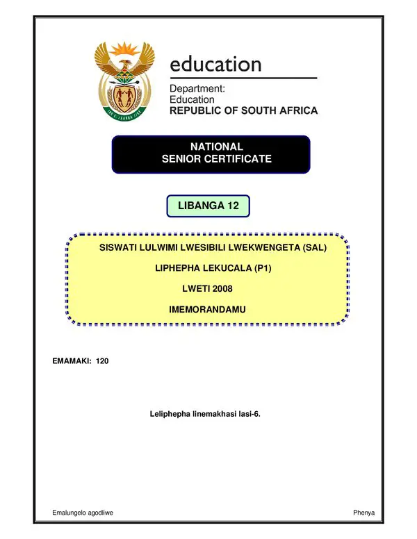 Grade 12 Siswati past paper 2008 – Siswati SAL P1 (Gauteng) memo gr12