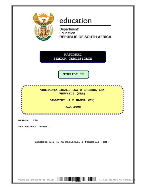 Grade 12 Tshivenda past paper 2008 – TshiVenda SAL P1 (Gauteng) gr12
