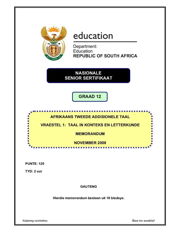 Grade 12 Afrikaans past paper 2004 – Afrikaans SAL P1 (Gauteng) memo gr12