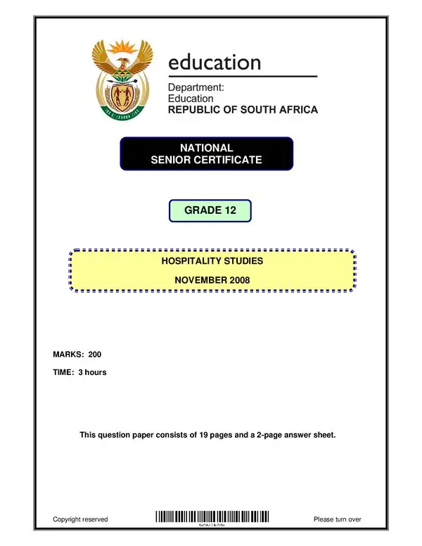 Grade 12 English past paper 2008 – Hospitality Studies P1 English gr12