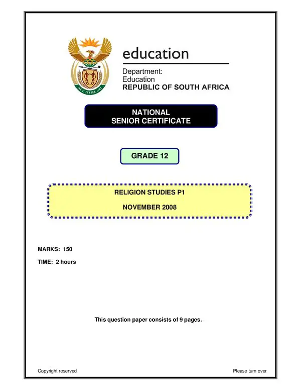 Grade 12 English past paper 2008 – Religious Studies P1 English gr12