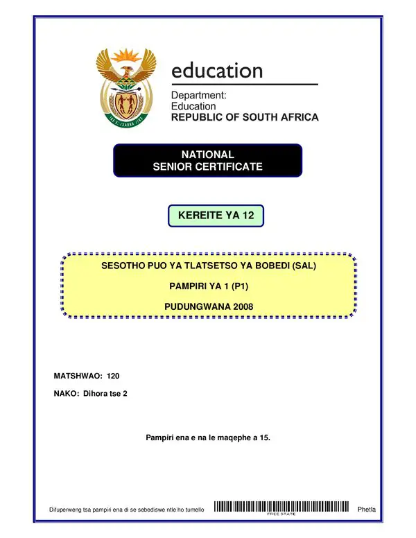 Grade 12 Sesotho past paper 1994 – Sesotho SAL P1 (Free State) gr12