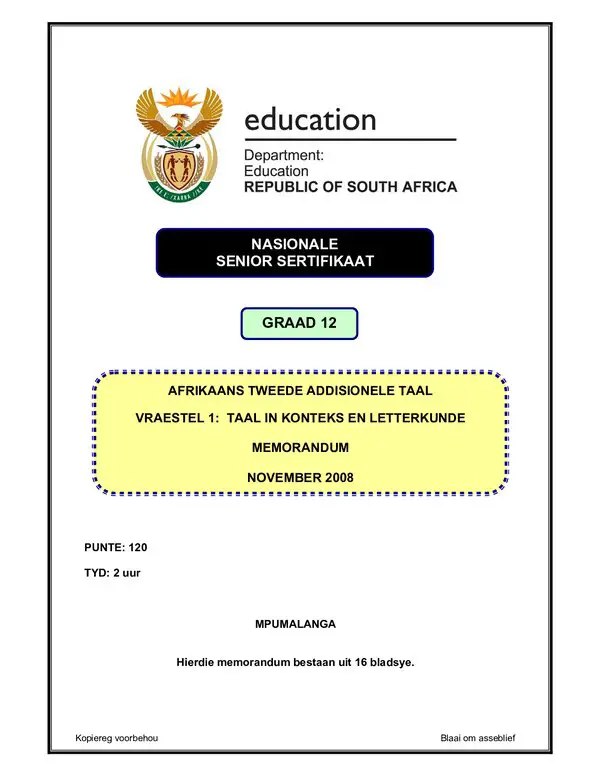 Grade 12 Afrikaans past paper 2004 – Afrikaans SAL P1 (Mpumalanga) memo gr12