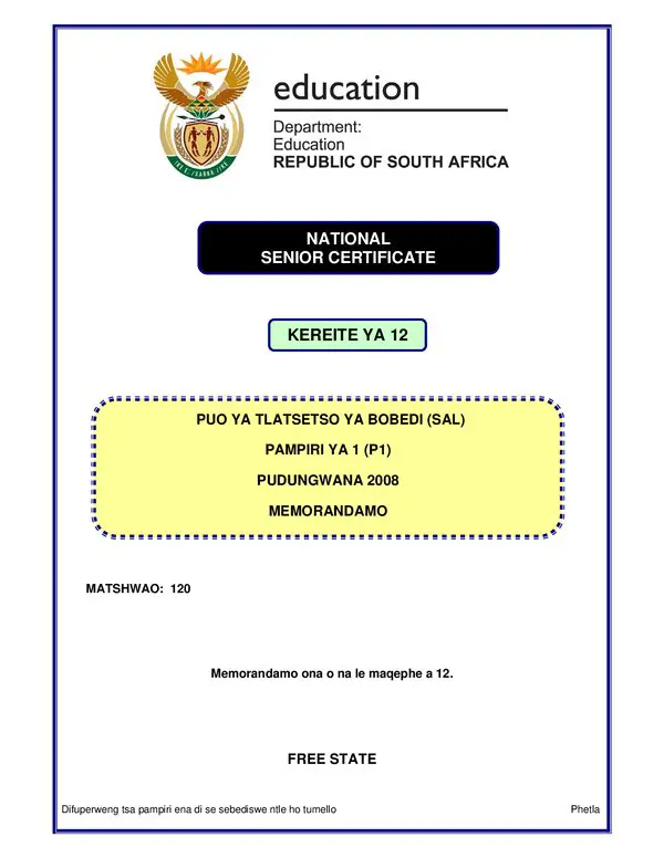 Grade 12 Sesotho past paper 1994 – Sesotho SAL P1 (Free State) memo gr12