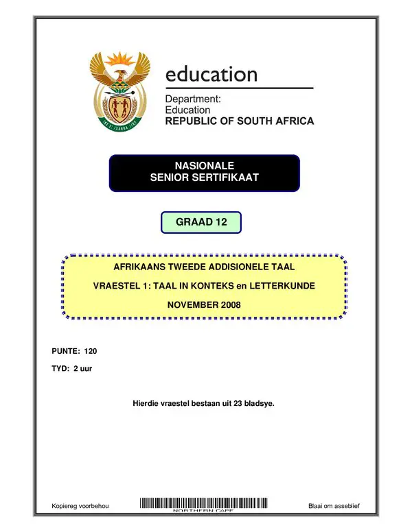 Grade 12 Afrikaans past paper 2004 – Afrikaans SAL P1 (Northern Cape) gr12