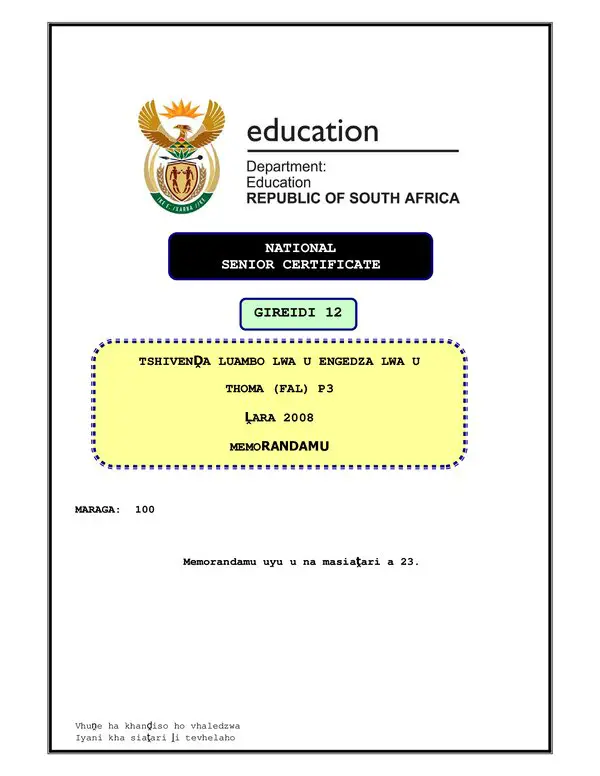 Grade 12 Tshivenda past paper 2008 – TshiVenda FAL P3 memo gr12