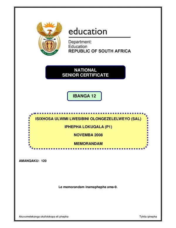 Grade 12 isiXhosa past paper 2008 – IsXhosa SAL P1 (Eastern Cape) memo gr12
