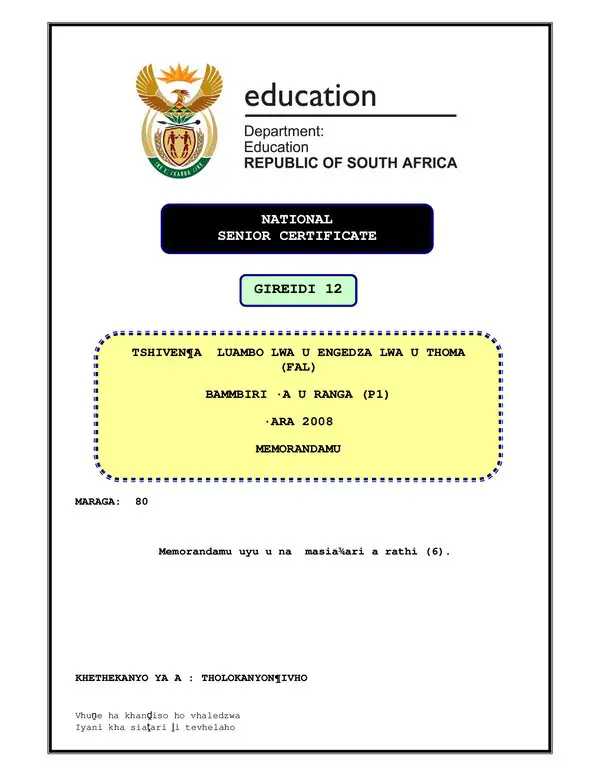Grade 12 Tshivenda past paper 2008 – TshiVenda FAL P1 memo gr12