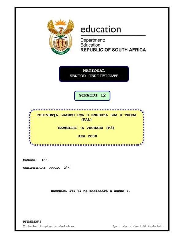 Grade 12 Tshivenda past paper 2008 – TshiVenda FAL P3 gr12