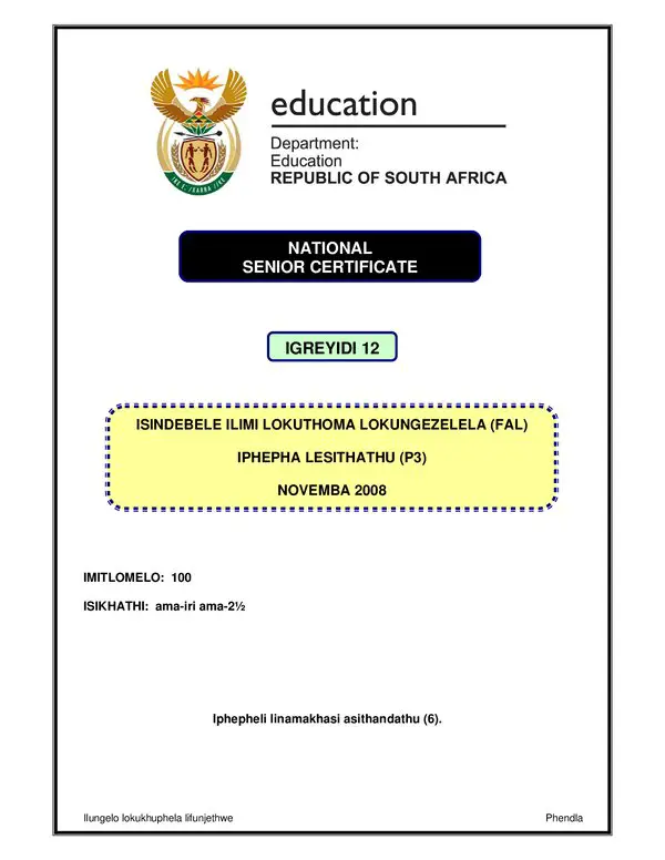 Grade 12 isiNdebele past paper 2008 – Isindebele FAL P3 gr12