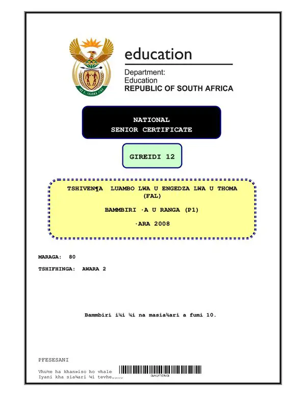 Grade 12 Tshivenda past paper 2008 – TshiVenda FAL P1 gr12