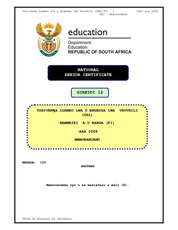 Grade 12 Tshivenda past paper 2008 – TshiVenda SAL P1 (Gauteng) memo gr12