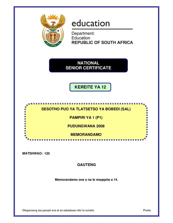 Grade 12 Sesotho past paper 1994 – Sesotho SAL P1 (Gauteng) memo gr12