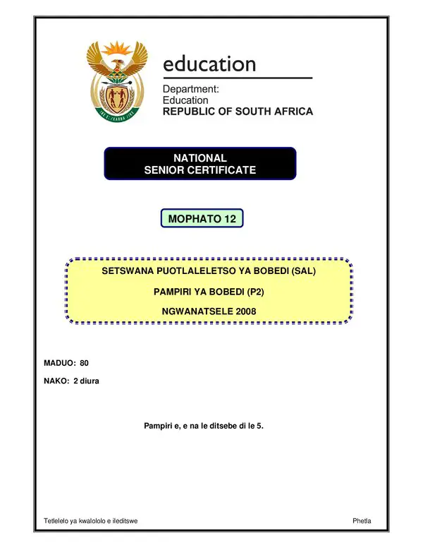 Grade 12 Setswana past paper 2008 – Setswana SAL P2 gr12