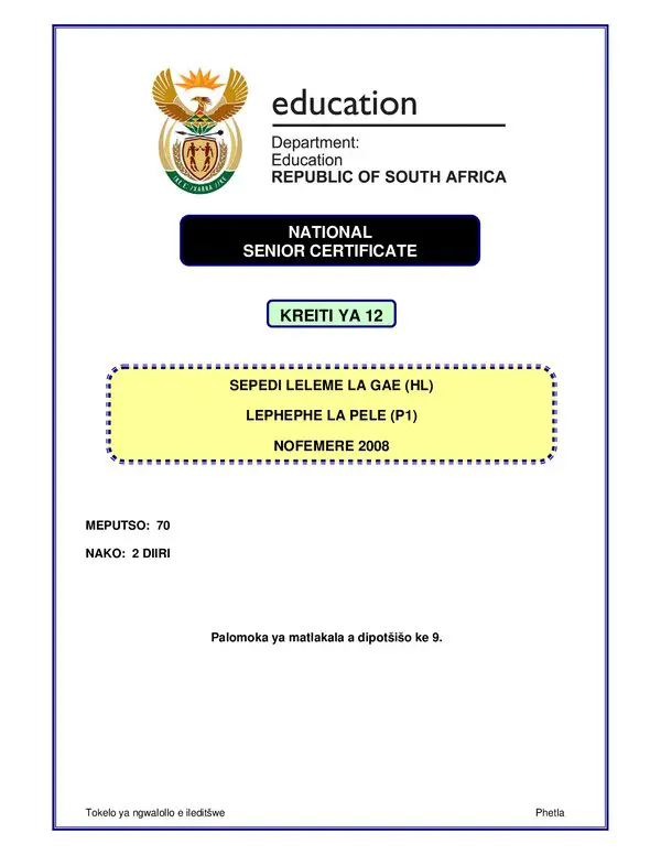 Grade 12 Sepedi past paper 2008 – Sepedi HL P1 gr12
