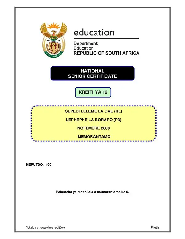 Grade 12 Sepedi past paper 2008 – Sepedi HL P3 rubric gr12