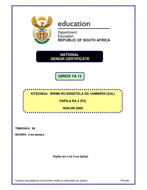 Grade 12 Xitsonga past paper 2007 – Xitsonga SAL P2 gr12