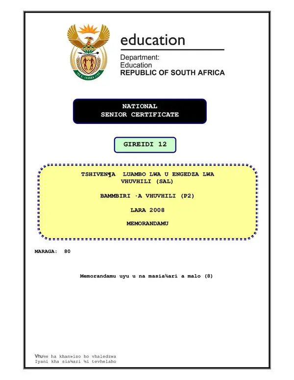 Grade 12 Tshivenda past paper 2008 – TshiVenda SAL P2 memo gr12