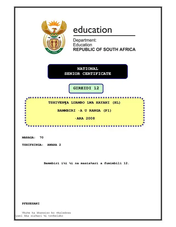 Grade 12 Tshivenda past paper 2008 – TshiVenda HL P1 gr12