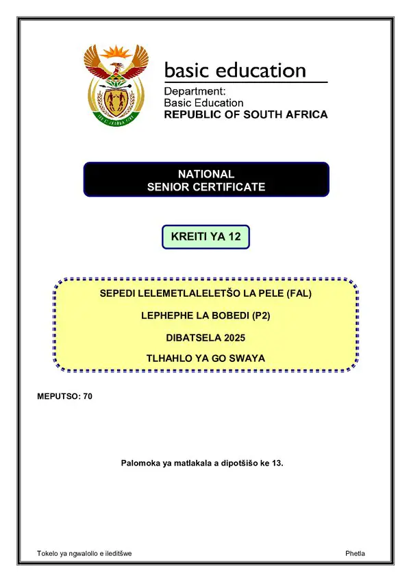 Grade 12 Sepedi past paper 2025 – Sepedi FAL P2 memo gr12