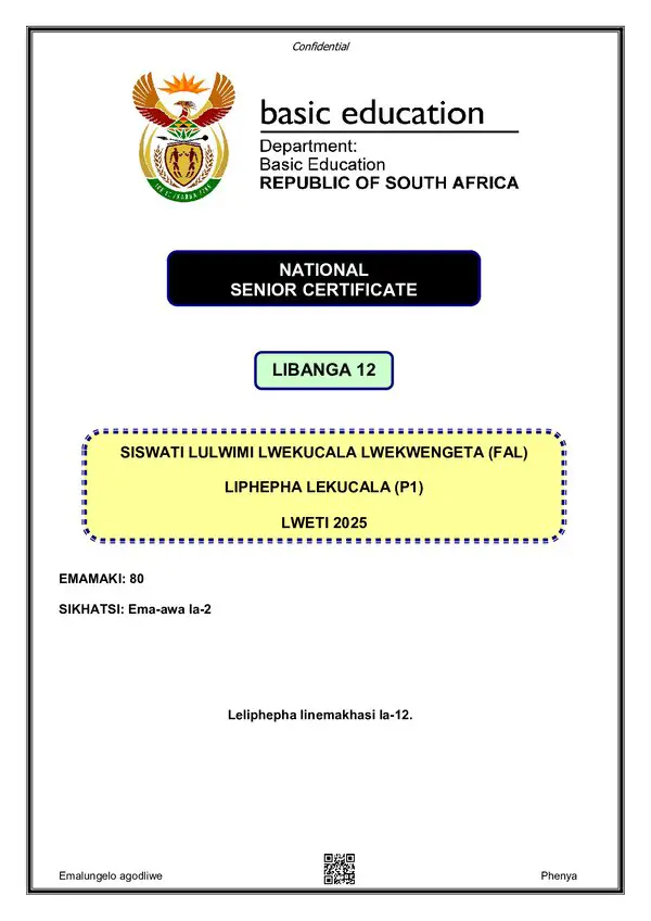 Grade 12 Siswati past paper 2020 – Siswati FAL P1 gr12