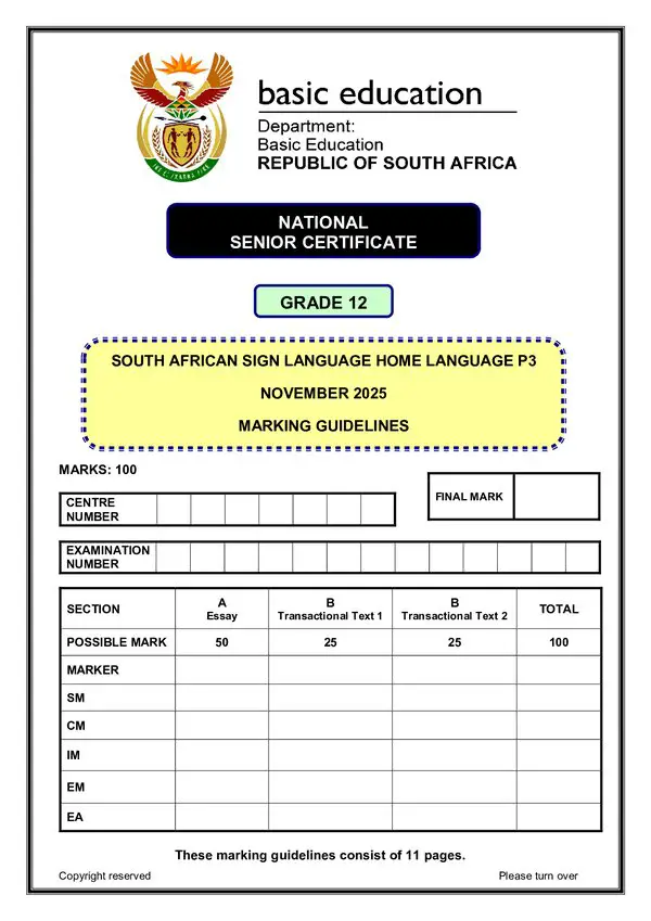 Grade 12 South African Sign Language past paper 2025 – SASL HL Memo 3 gr12
