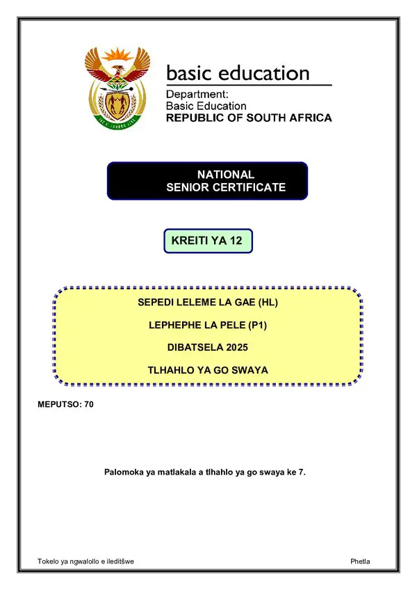 Grade 12 Sepedi past paper 2025 – Sepedi HL P1 memo gr12