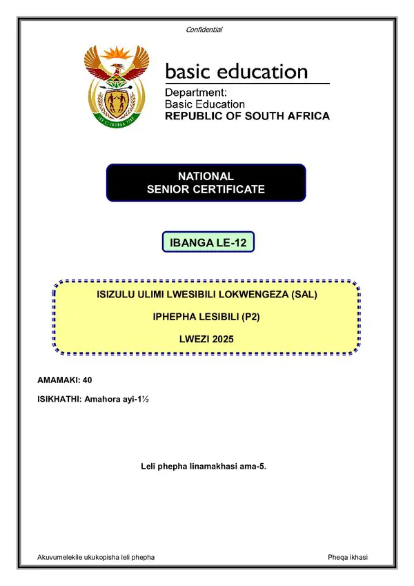 Grade 12 isiZulu past paper 2025 – IsiZulu SAL P2 gr12