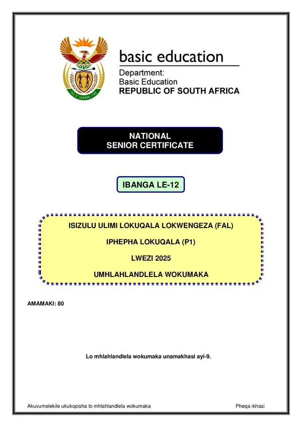 Grade 12 isiZulu past paper 2025 – IsiZulu FAL P1 Memo gr12