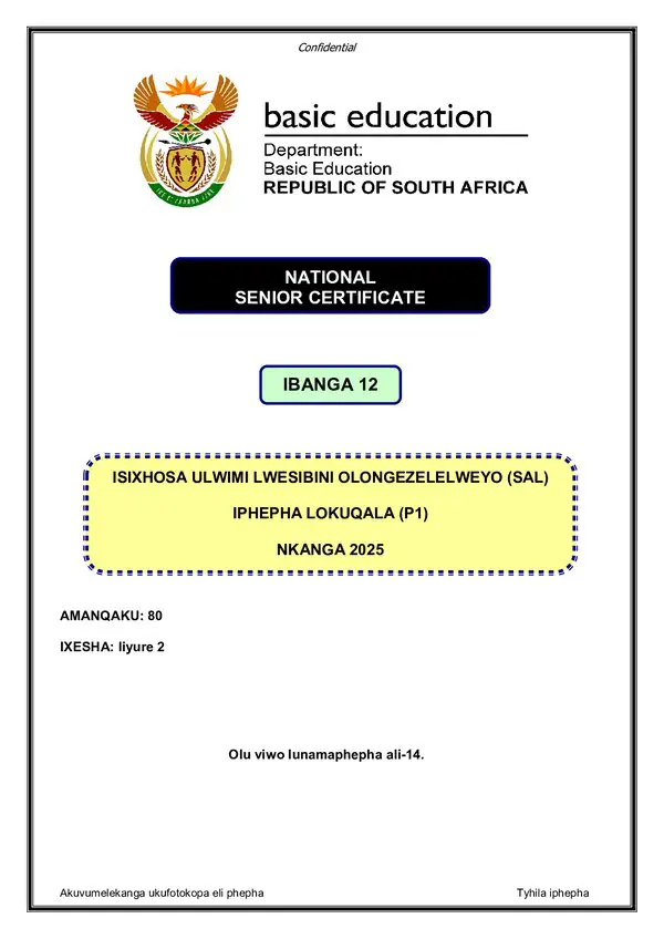 Grade 12 isiXhosa past paper 2022 – IsiXhosa SAL P1 gr12