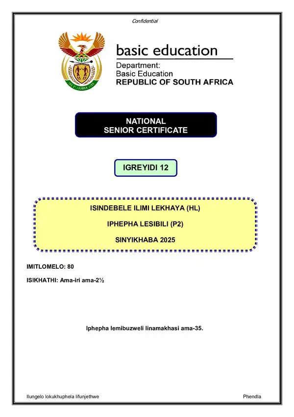 Grade 12 isiNdebele past paper 2025 – IsiNdebele HL P2 gr12
