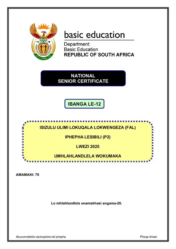 Grade 12 isiZulu past paper 2025 – IsiZulu FAL P2 Memo gr12