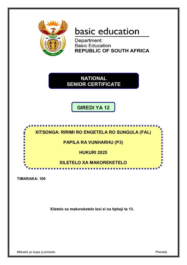 Grade 12 Xitsonga past paper 2025 – Xitsonga FAL P3 memo gr12