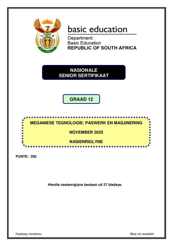 Grade 12 Afrikaans past paper 2025 – Fitting and Machining Memo 1 (Afrikaans) gr12