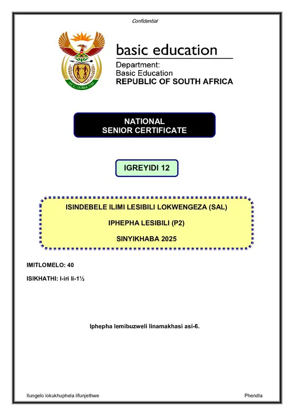 Grade 12 isiNdebele past paper 2025 – IsiNdebele SAL P2 gr12