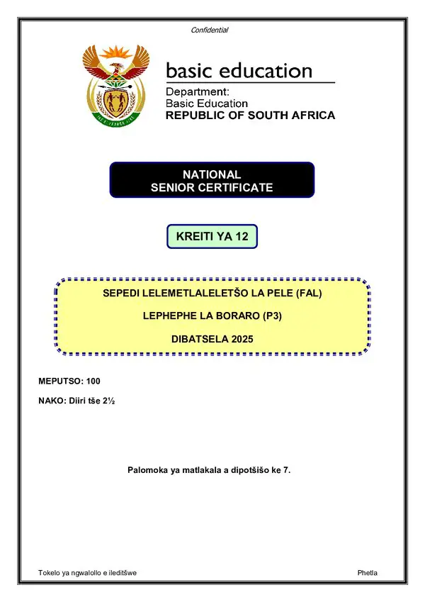 Grade 12 Sepedi past paper 2025 – Sepedi FAL P3 gr12