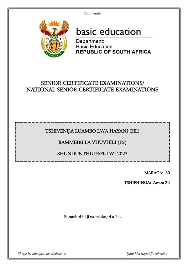 Grade 12 Tshivenda past paper 2025 – Tshivenda HL P2 gr12